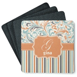 Orange Blue Swirls & Stripes Square Rubber Backed Coasters - Set of 4 (Personalized)