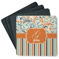 Orange Blue Swirls & Stripes Square Rubber Backed Coasters - Set of 4 (Personalized)