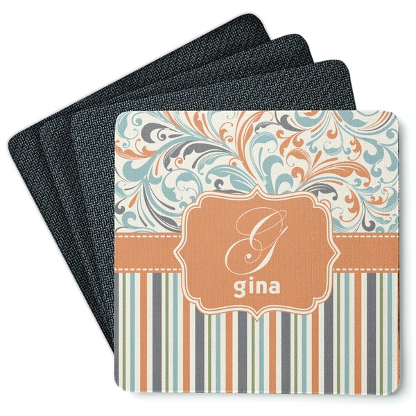 Orange Blue Swirls & Stripes Coaster Rubber Back - Main