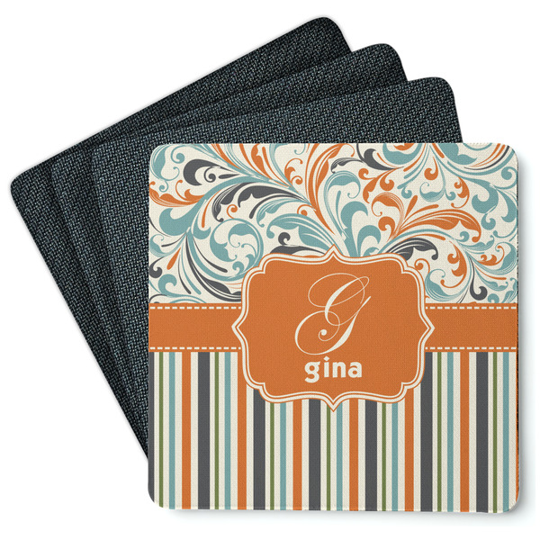 Custom Orange Blue Swirls & Stripes Square Rubber Backed Coasters - Set of 4 (Personalized)