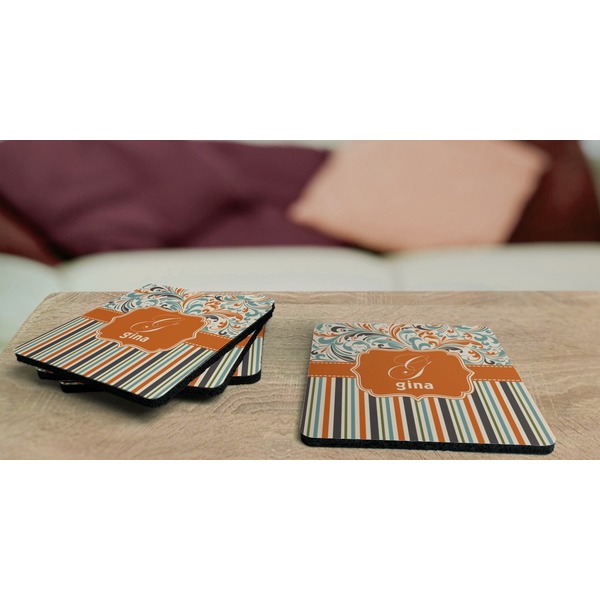 Orange Blue Swirls & Stripes Coaster Rubber Back - On Coffee Table