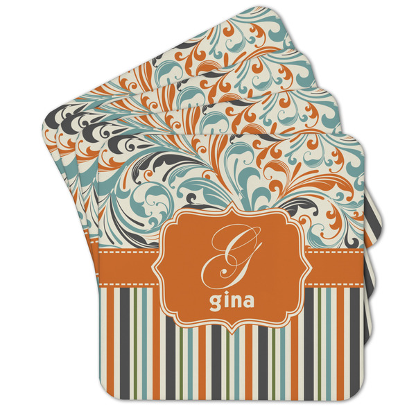 Custom Orange Blue Swirls & Stripes Cork Coaster - Set of 4 w/ Name and Initial