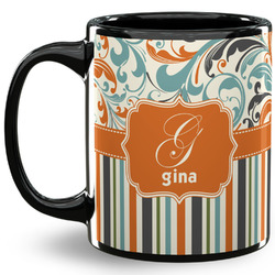 Orange Blue Swirls & Stripes 11 Oz Coffee Mug - Black (Personalized)