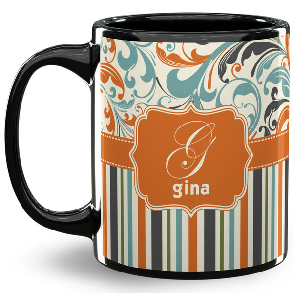Custom Orange Blue Swirls & Stripes 11 Oz Coffee Mug - Black (Personalized)