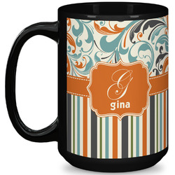 Orange Blue Swirls & Stripes 15 Oz Coffee Mug - Black (Personalized)