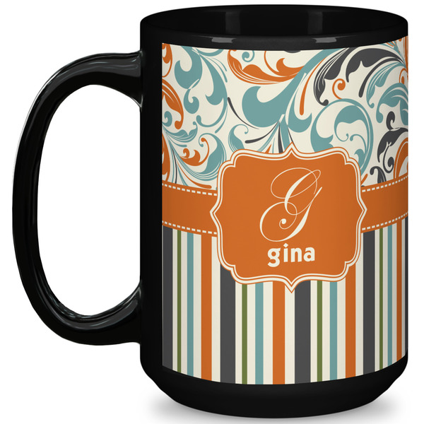 Custom Orange Blue Swirls & Stripes 15 Oz Coffee Mug - Black (Personalized)