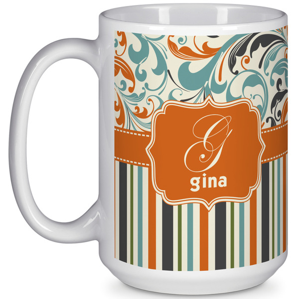 Custom Orange Blue Swirls & Stripes 15 Oz Coffee Mug - White (Personalized)