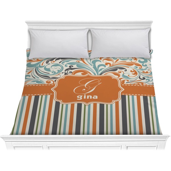 Custom Orange Blue Swirls & Stripes Comforter - King (Personalized)
