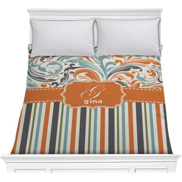 Custom Orange Blue Swirls & Stripes Comforter - Full / Queen (Personalized)