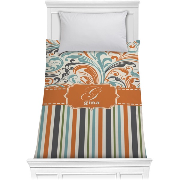 Custom Orange Blue Swirls & Stripes Comforter - Twin XL (Personalized)