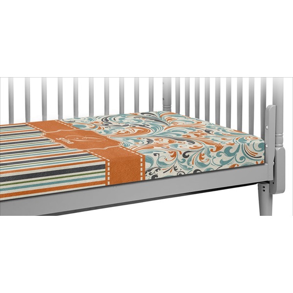 Custom Orange Blue Swirls & Stripes Crib Fitted Sheet (Personalized)