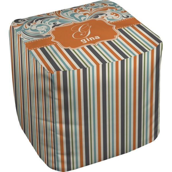 Custom Orange Blue Swirls & Stripes Cube Pouf Ottoman (Personalized)