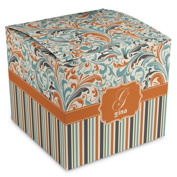 Custom Orange Blue Swirls & Stripes Cube Favor Gift Boxes (Personalized)