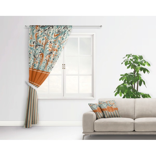 Orange Blue Swirls & Stripes Curtain With Window and Rod - in Room Matching Pillow