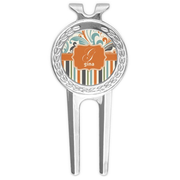 Custom Orange Blue Swirls & Stripes Golf Divot Tool & Ball Marker (Personalized)
