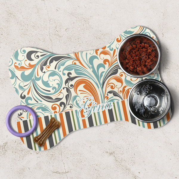 Orange Blue Swirls & Stripes Dog Bone Shaped Mat Lifestyle