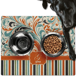 Orange Blue Swirls & Stripes Dog Food Mat - Large w/ Name and Initial