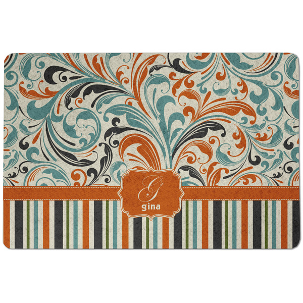Custom Orange Blue Swirls & Stripes Dog Food Mat w/ Name and Initial