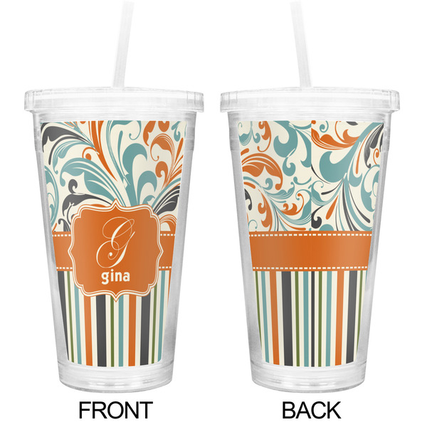 Orange Blue Swirls & Stripes Double Wall Tumbler with Straw - Approval