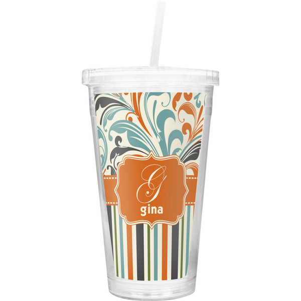 Custom Orange Blue Swirls & Stripes Double Wall Tumbler with Straw (Personalized)