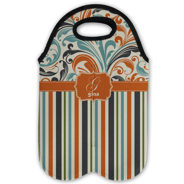 Orange Blue Swirls & Stripes Double Wine Tote - Flat (new)