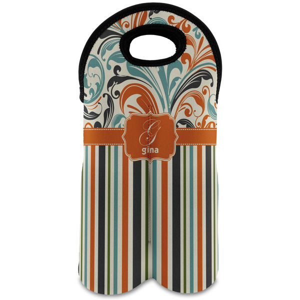 Custom Orange Blue Swirls & Stripes Wine Tote Bag (2 Bottles) (Personalized)