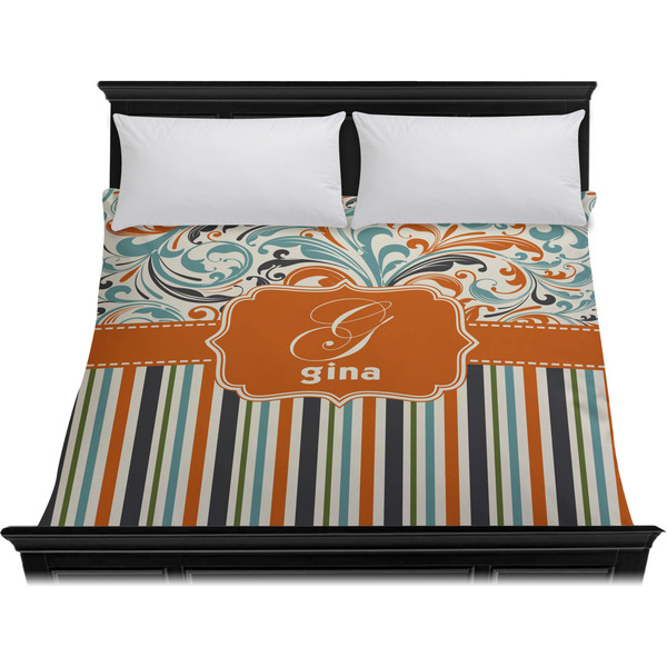 Orange Blue Swirls & Stripes Duvet Cover - King - On Bed - No Prop
