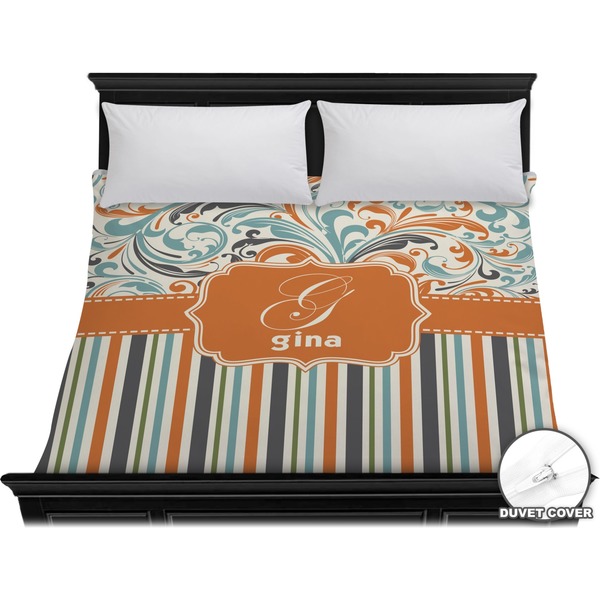 Custom Orange Blue Swirls & Stripes Duvet Cover - King (Personalized)