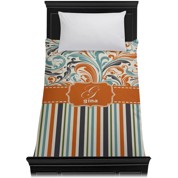 Orange Blue Swirls & Stripes Duvet Cover - Twin - On Bed - No Prop