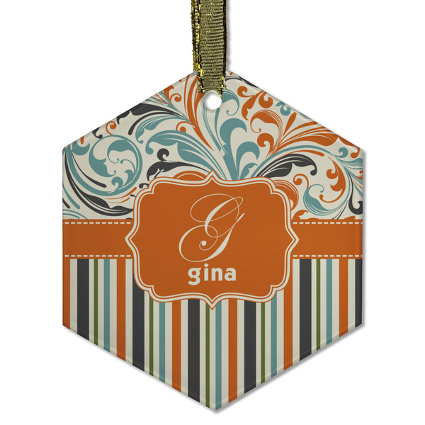 Custom Orange Blue Swirls & Stripes Flat Glass Ornament - Hexagon w/ Name and Initial
