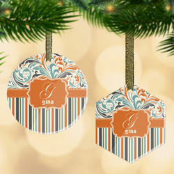 Orange Blue Swirls & Stripes Flat Glass Ornament w/ Name and Initial