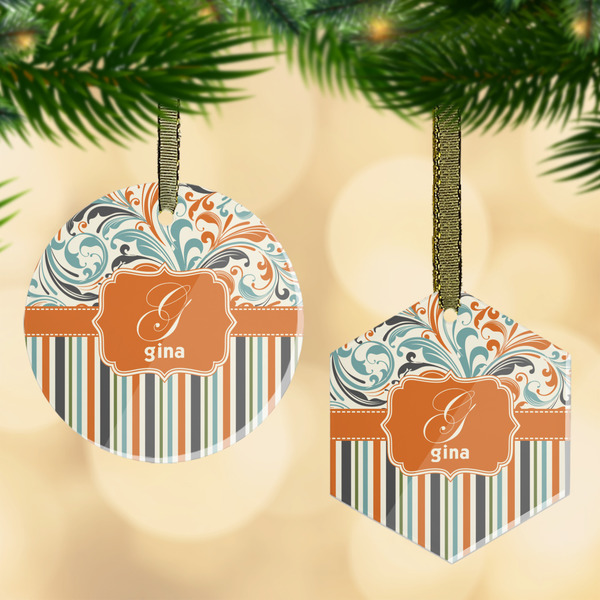Custom Orange Blue Swirls & Stripes Flat Glass Ornament w/ Name and Initial