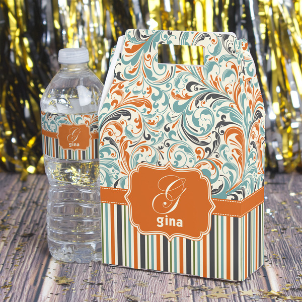 Orange Blue Swirls & Stripes Gable Favor Box - In Context
