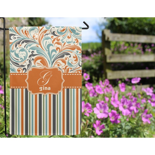 Orange Blue Swirls & Stripes Garden Flag - Outside In Flowers