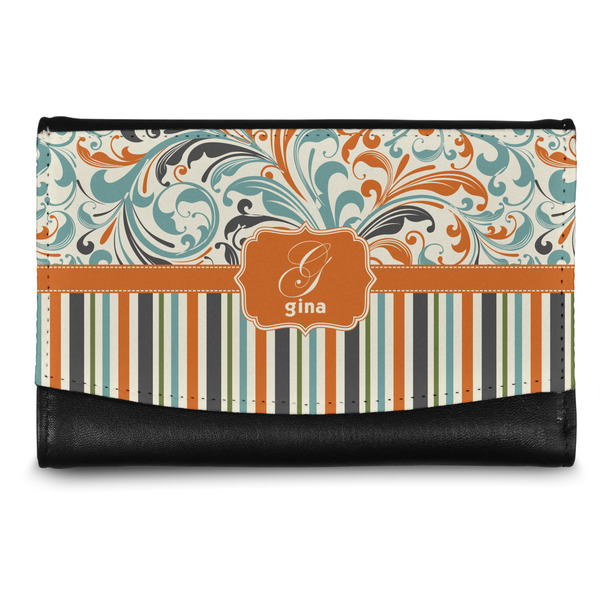 Custom Orange Blue Swirls & Stripes Genuine Leather Women's Wallet - Small (Personalized)