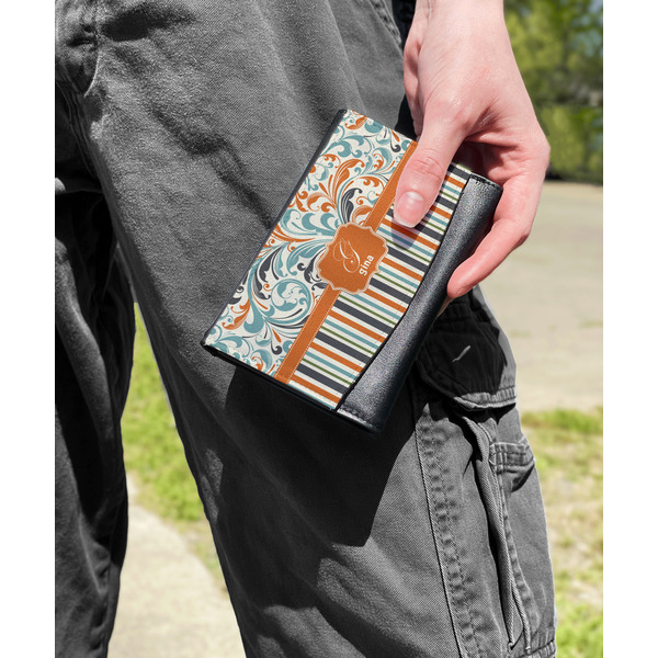 Orange Blue Swirls & Stripes Genuine Leather Womens Wallet - In Context
