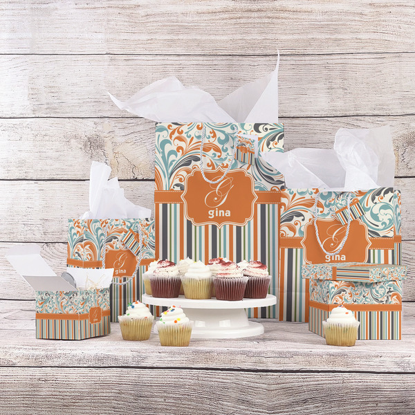 Orange Blue Swirls & Stripes Gift Bags - In Context