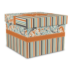 Orange Blue Swirls & Stripes Gift Box with Lid - Canvas Wrapped - Large (Personalized)