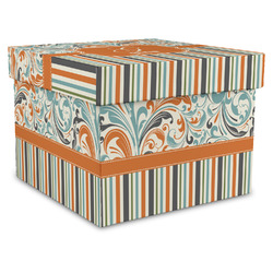 Orange Blue Swirls & Stripes Gift Box with Lid - Canvas Wrapped - XX-Large (Personalized)