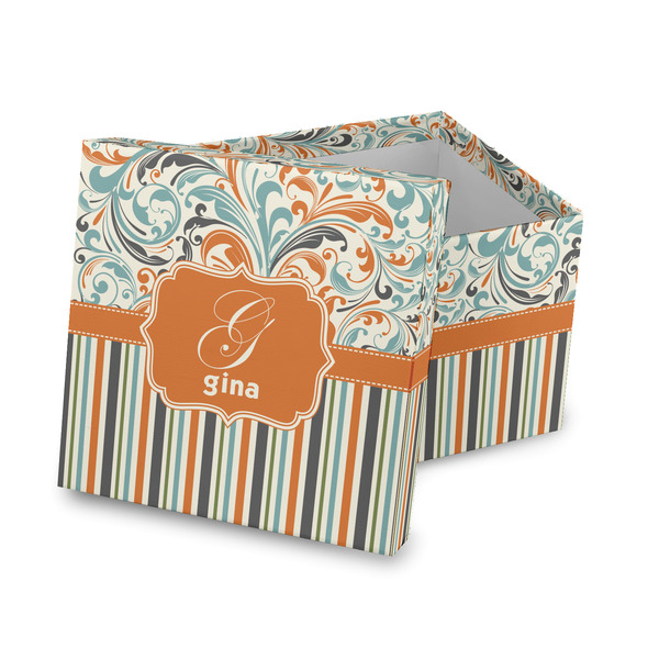 Custom Orange Blue Swirls & Stripes Gift Box with Lid - Canvas Wrapped (Personalized)