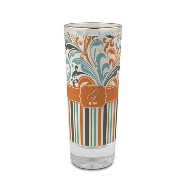 Custom Orange Blue Swirls & Stripes 2 oz Shot Glass - Glass with Gold Rim (Personalized)