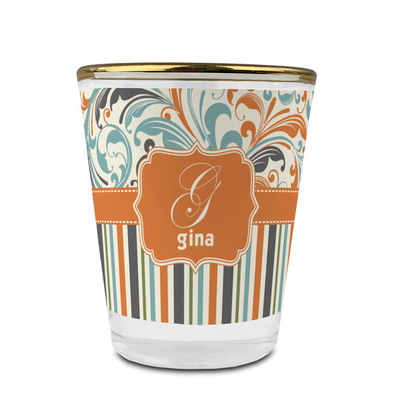 Orange Blue Swirls & Stripes Glass Shot Glass - With gold rim - FRONT