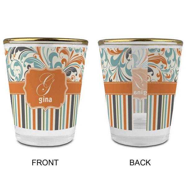 Orange Blue Swirls & Stripes Glass Shot Glass - with gold rim - APPROVAL