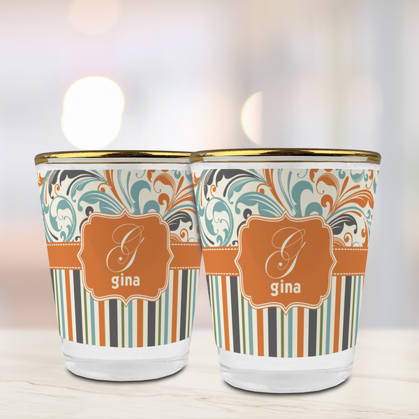 Orange Blue Swirls & Stripes Glass Shot Glass - with gold rim - LIFESTYLE