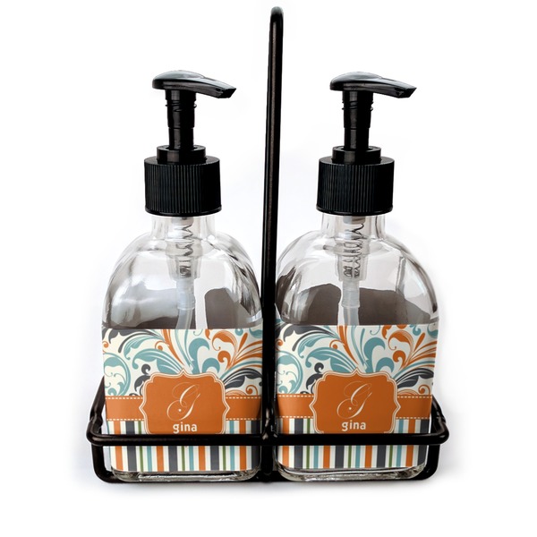 Custom Orange Blue Swirls & Stripes Glass Soap & Lotion Bottles (Personalized)
