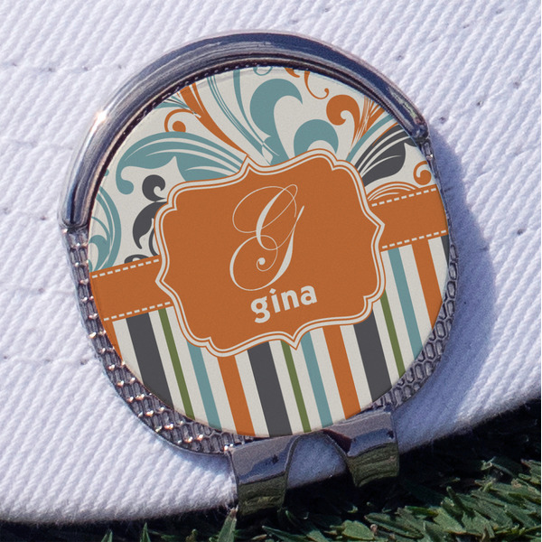 Custom Orange Blue Swirls & Stripes Golf Ball Marker - Hat Clip