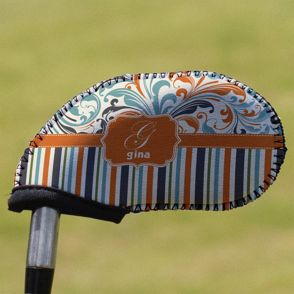 Custom Orange Blue Swirls & Stripes Golf Club Iron Cover (Personalized)
