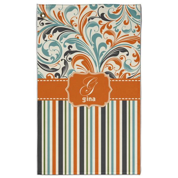 Custom Orange Blue Swirls & Stripes Golf Towel - Poly-Cotton Blend w/ Name and Initial