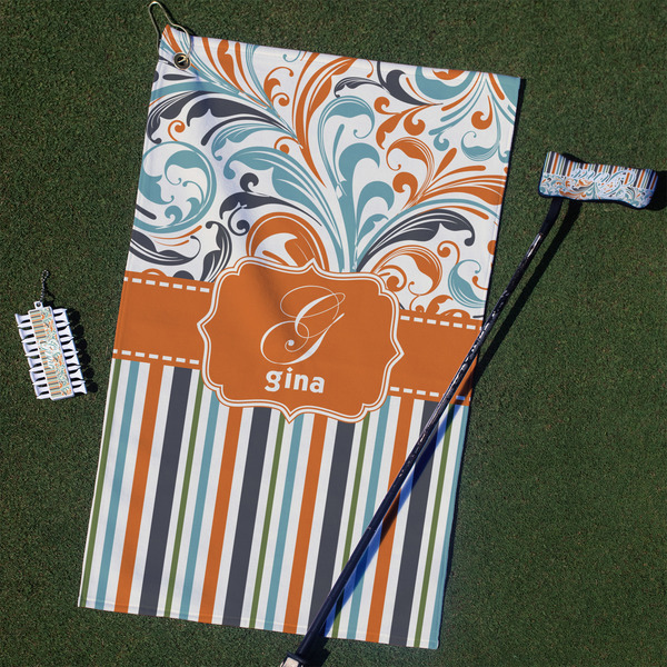 Custom Orange Blue Swirls & Stripes Golf Towel Gift Set (Personalized)