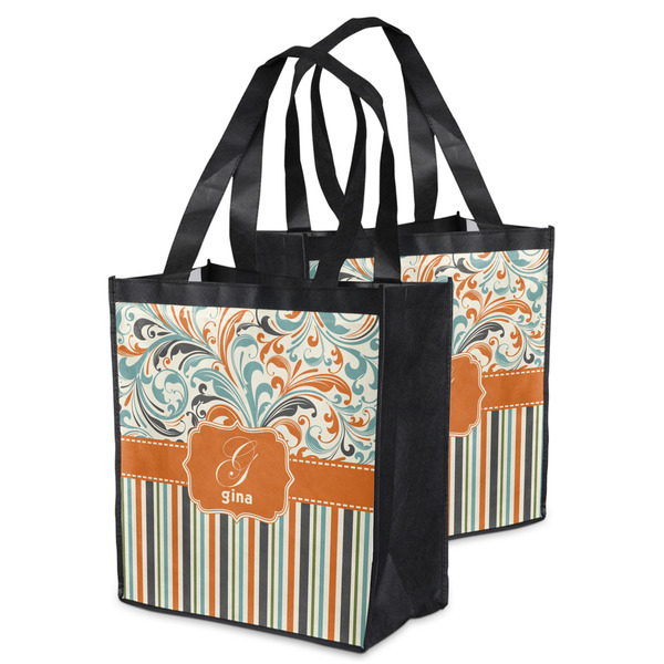 Orange Blue Swirls & Stripes Grocery Bag - MAIN